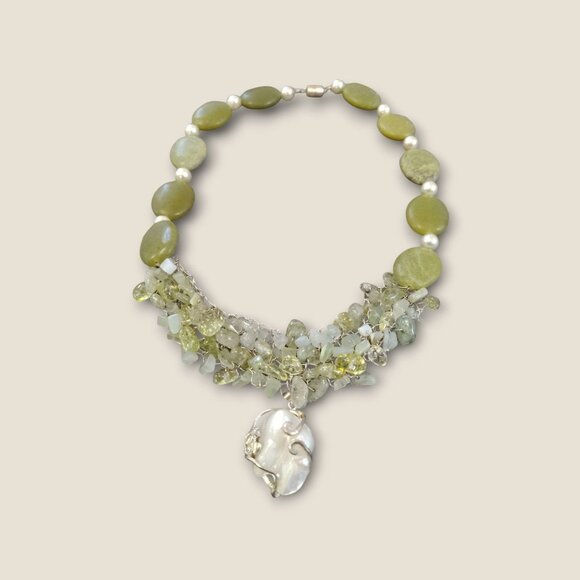 Handmade Green Gemstone & Pearl Necklace With Wire-Wrapped Blister Pearl Pendant - Picture 1 of 4